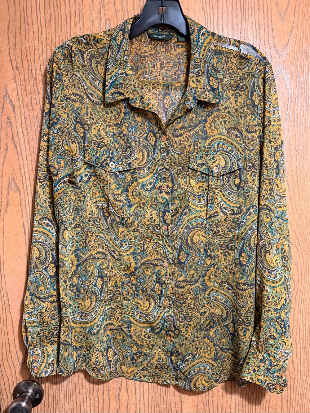 EUC Eddie Bauer Paisley Button-Up Shirt in Brown and Teal